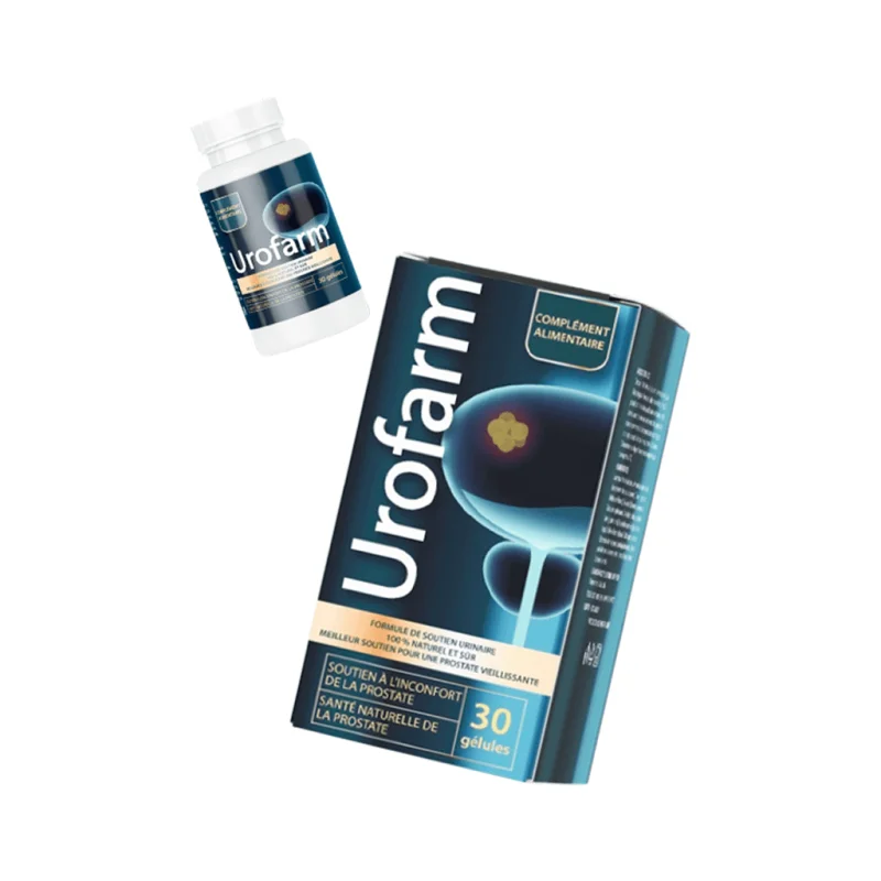 Urofarm — flacon et boîte, formule de soutien urinaire et santé naturelle de la prostate, 30 gélules